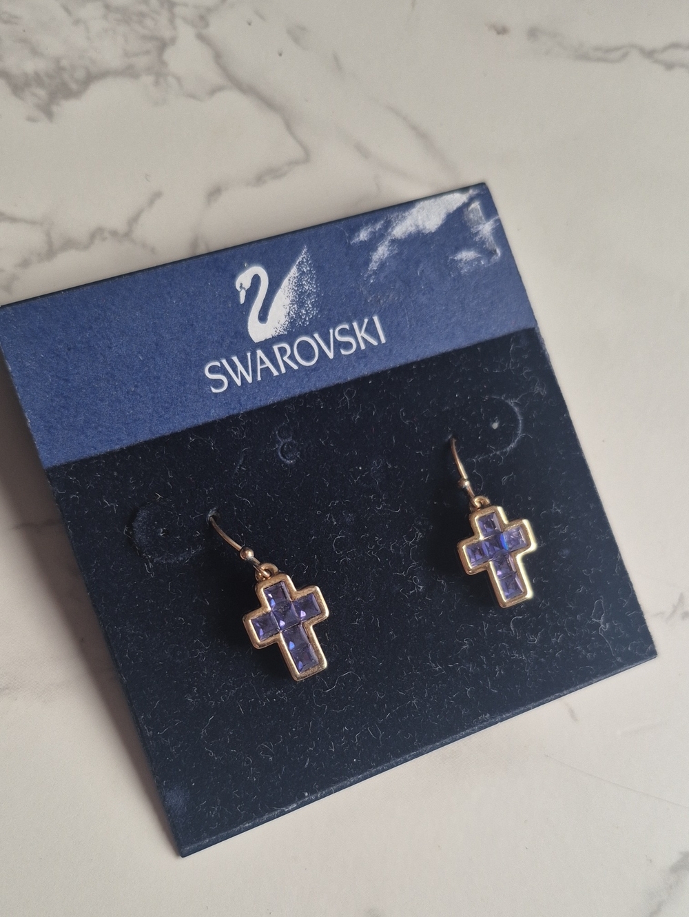 Swarovski Gold-Tone Cross Drop Earrings with Amethyst Crystals